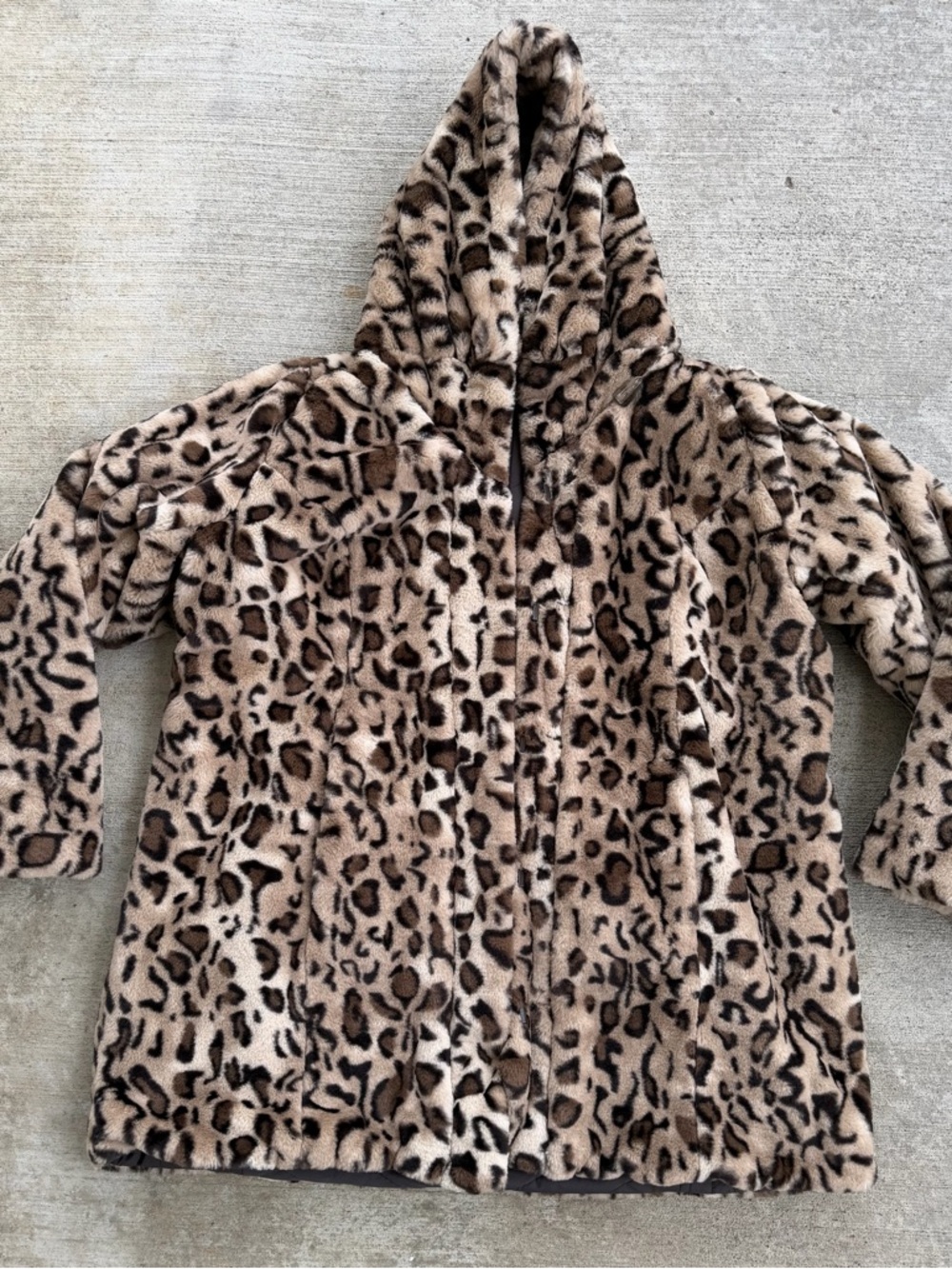 dennis basso Leopard Print Faux Fur Hooded Pea Coat Beige Brown women size 1X